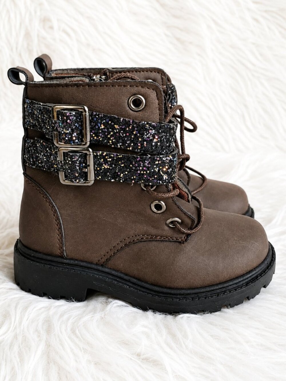 Blue Girls' Brown Glitter Strap Zip Lace Durable Boots SZ 8